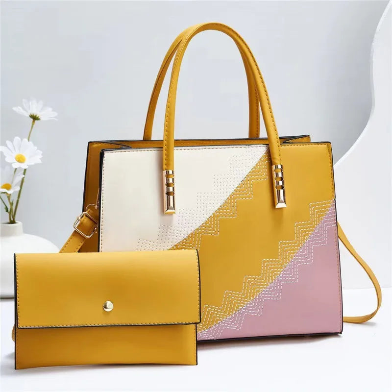 Color Block PU Shoulder Crossbody Handbag Set Yellow Default