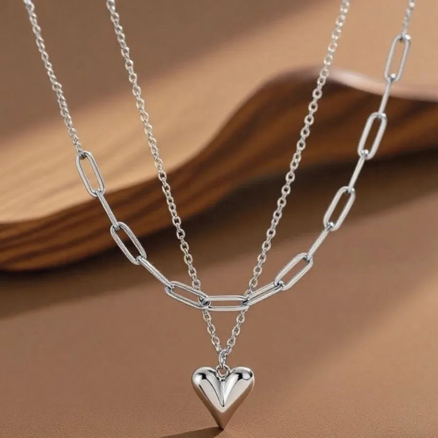 Double Layer Titanium Steel Heart Necklace X01148-Double Layer Heart Necklace-Steel Color