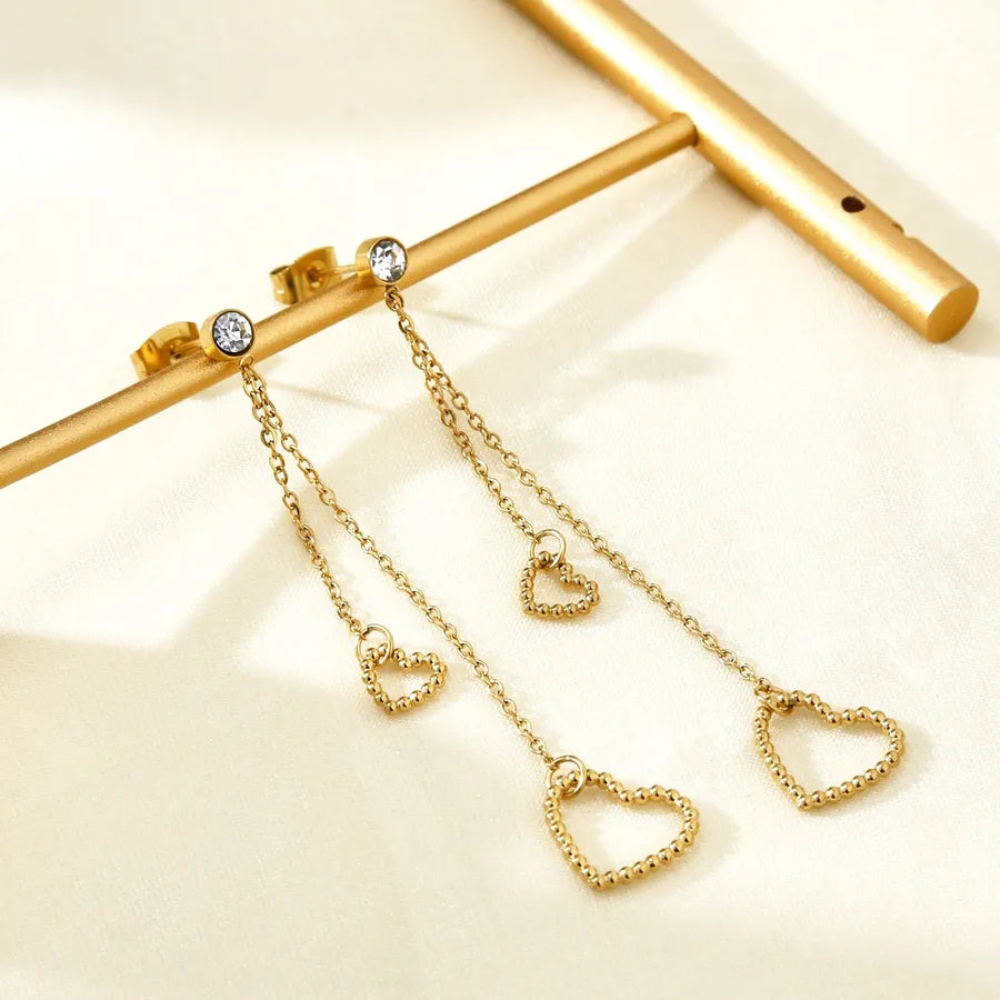18K Gold Heart Tassel Earrings with Zircon