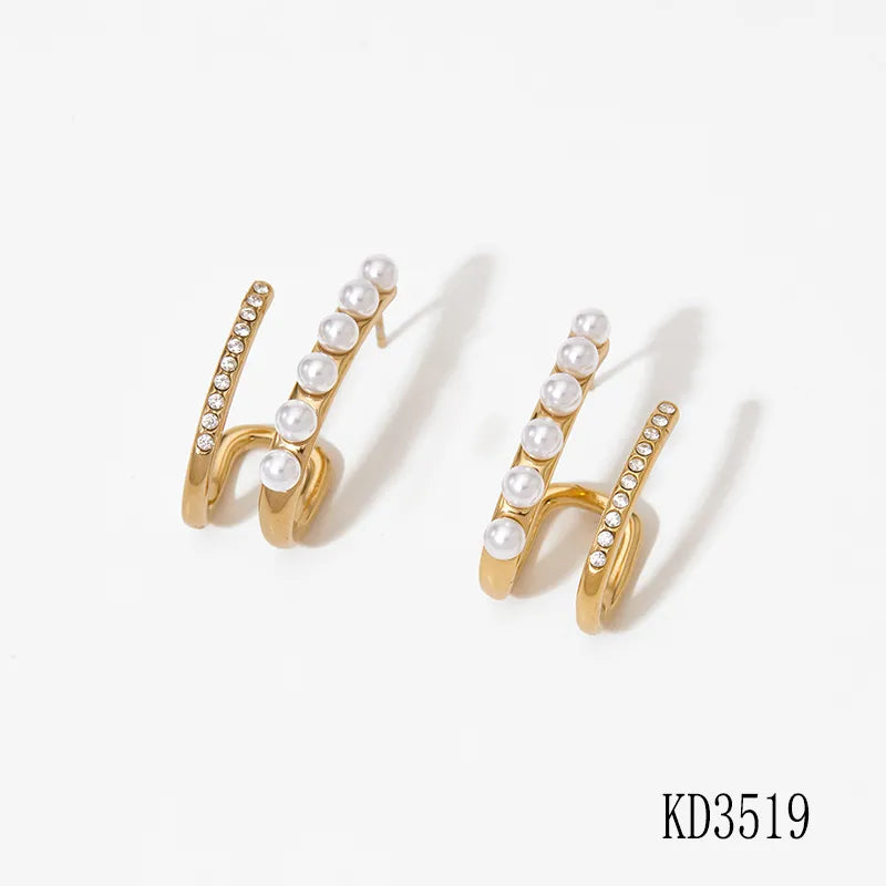 French Retro Pearl Zircon C-Shaped Earrings Gold KD3519