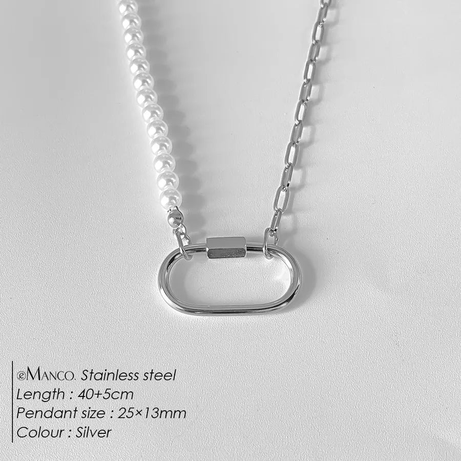 Geometric Pearl Stainless Steel Pendant Necklace XNL0045 Steel Color