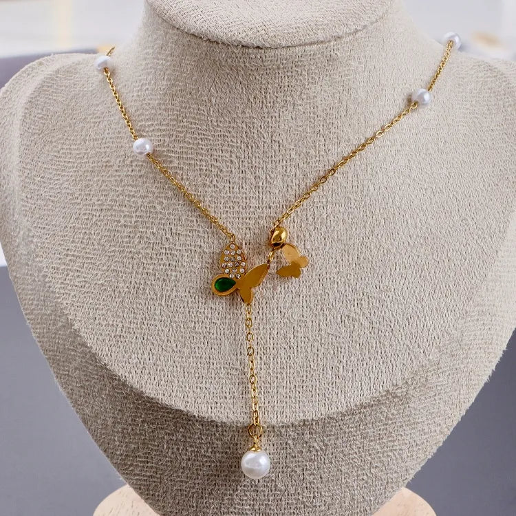 Gold Butterfly & Pearl Charm Pendant Necklace