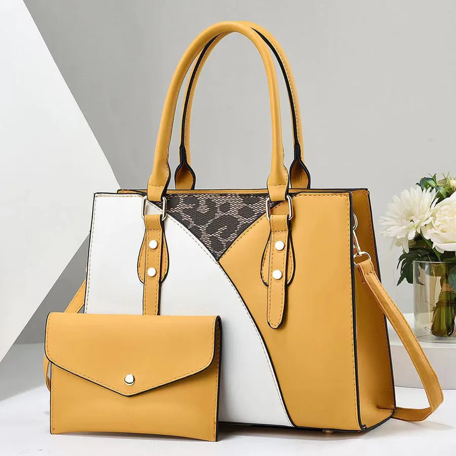 Color Block PU Leather Bucket Shoulder Bag Beige