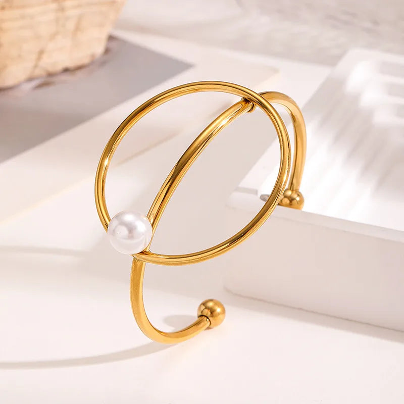 18K Gold Titanium Steel Pearl Bangle