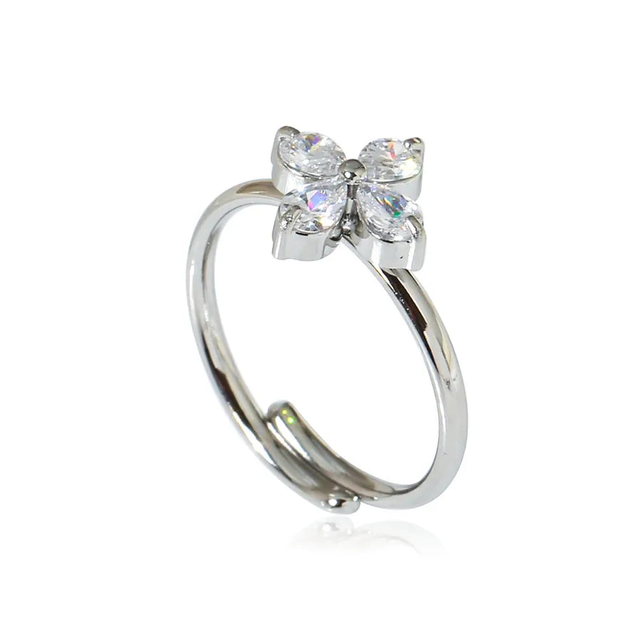 18K Gold Plated Flower Ring in Titanium Steel Titanium Steel Silver - White Stone R0022S