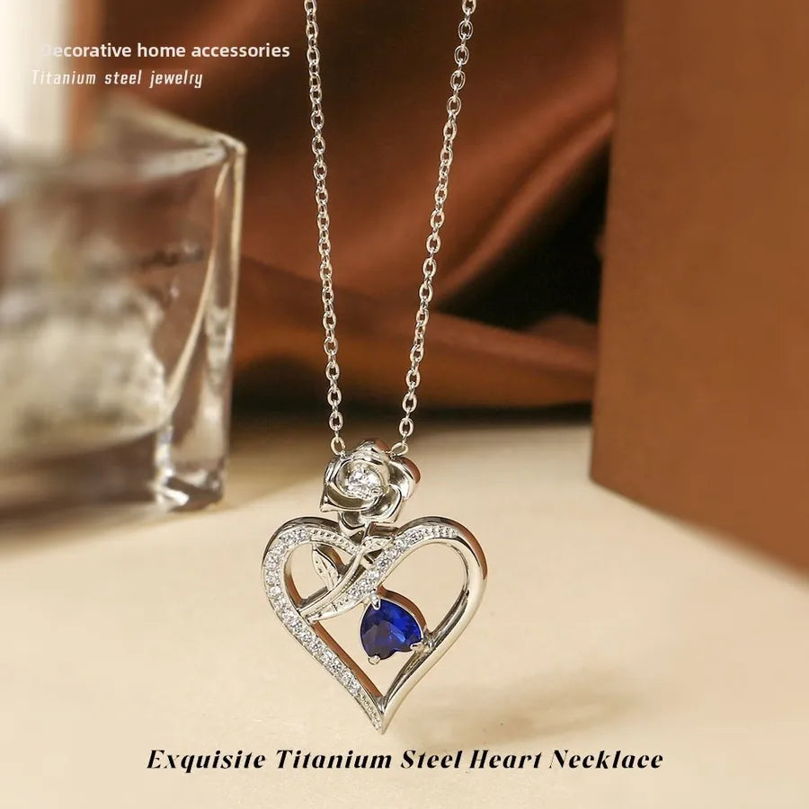 Gold Heart Pendant Necklace for Women Steel Color Blue Stone Love Necklace N0451S