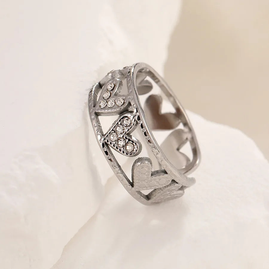 Gold Plated Zircon Heart Ring – Adjustable Open Band Adjustable Opening Steel Diamond