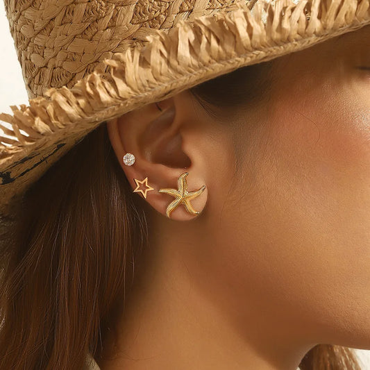 Gold Starfish Earrings Set – 3 Pairs
