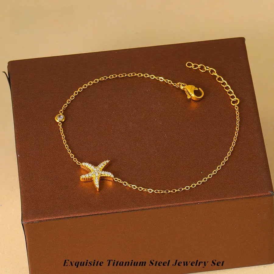 White Star Ocean Bracelet – Titanium Steel & Zircon Gold Starfish Non-fading Bracelet B0025G