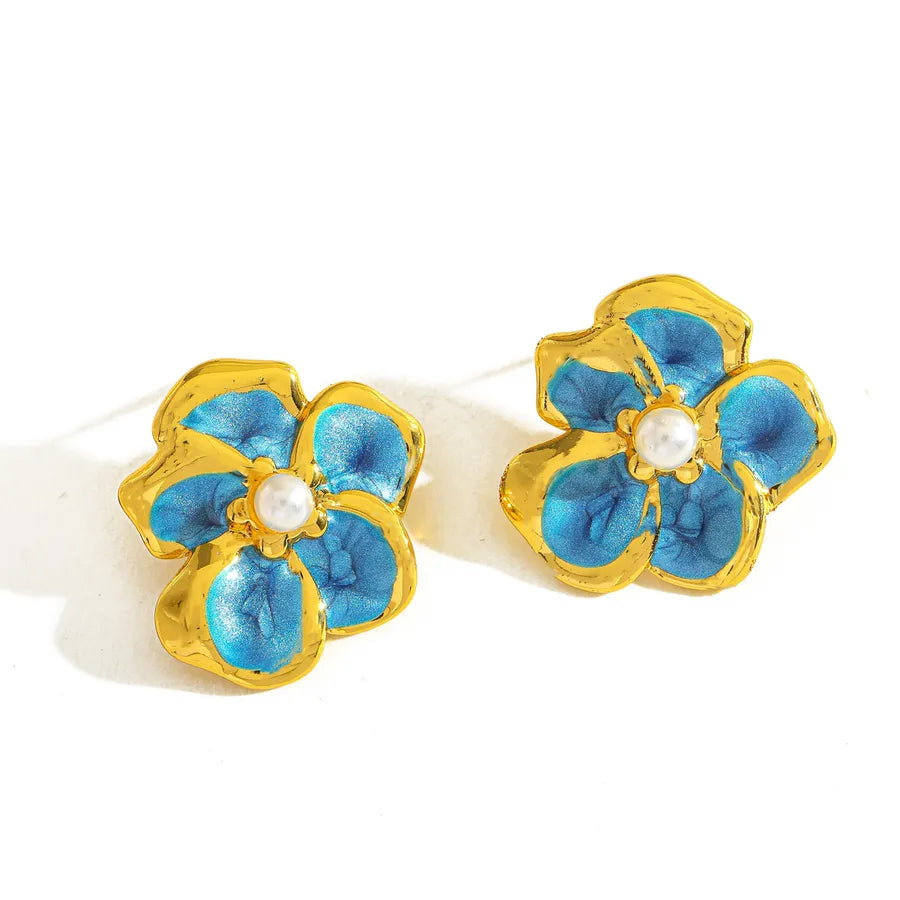 18K Gold Plated Pearl Flower Stud Earrings 20.35mm*17.32mm-blue