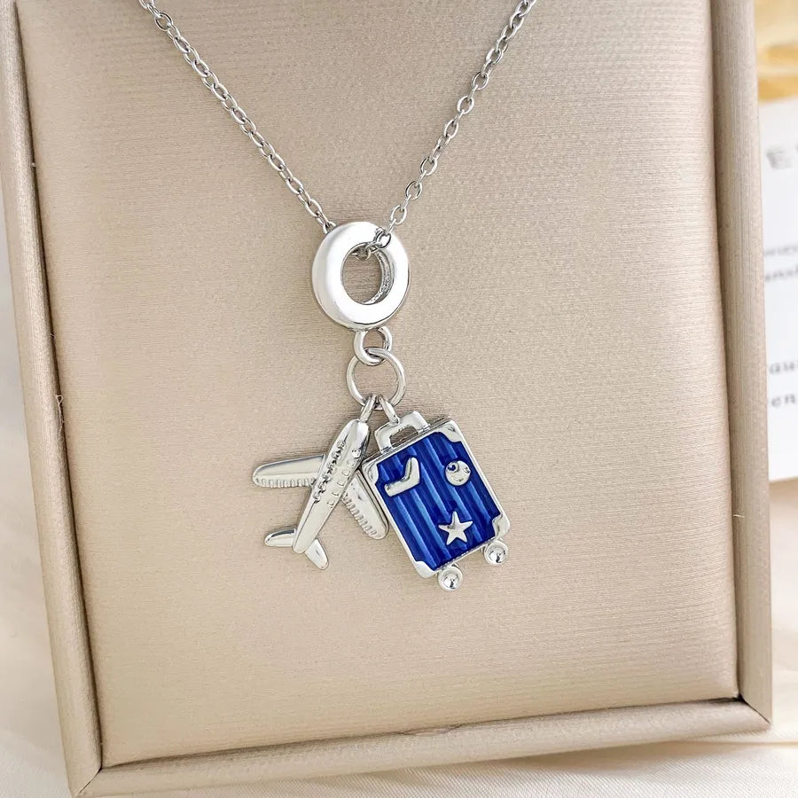 18K Gold Plated Zircon Pendant Necklace XL4552 Airplane Travel Necklace Silver