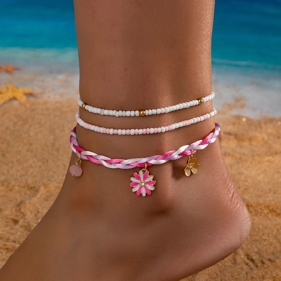 Boho Beaded Flower Bracelets Set – 3pcs Pink