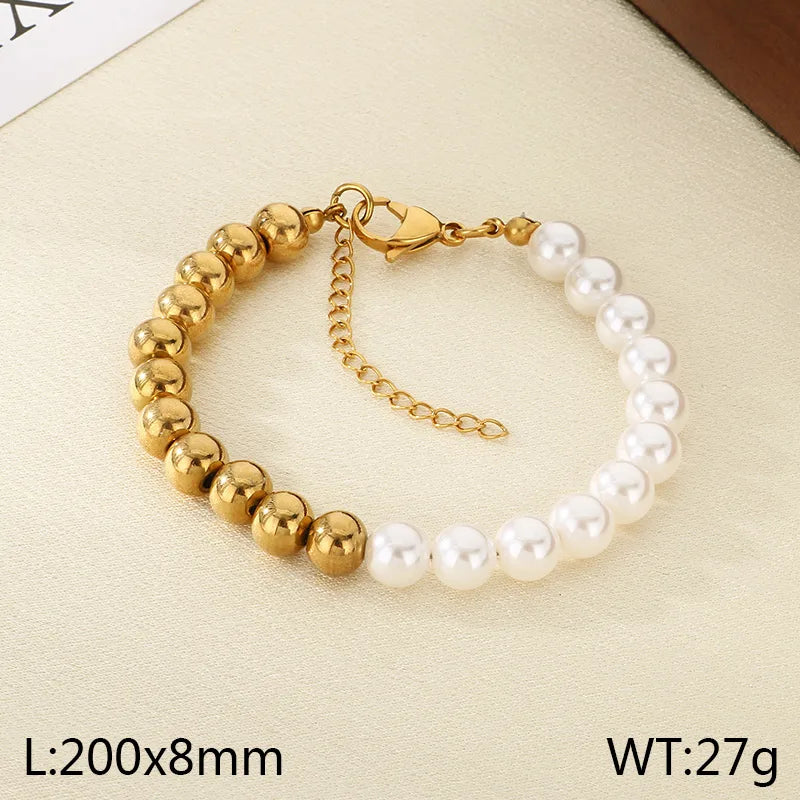 Gold Beaded Stainless Steel Bracelet for Women E Type Gold KB207003-Z