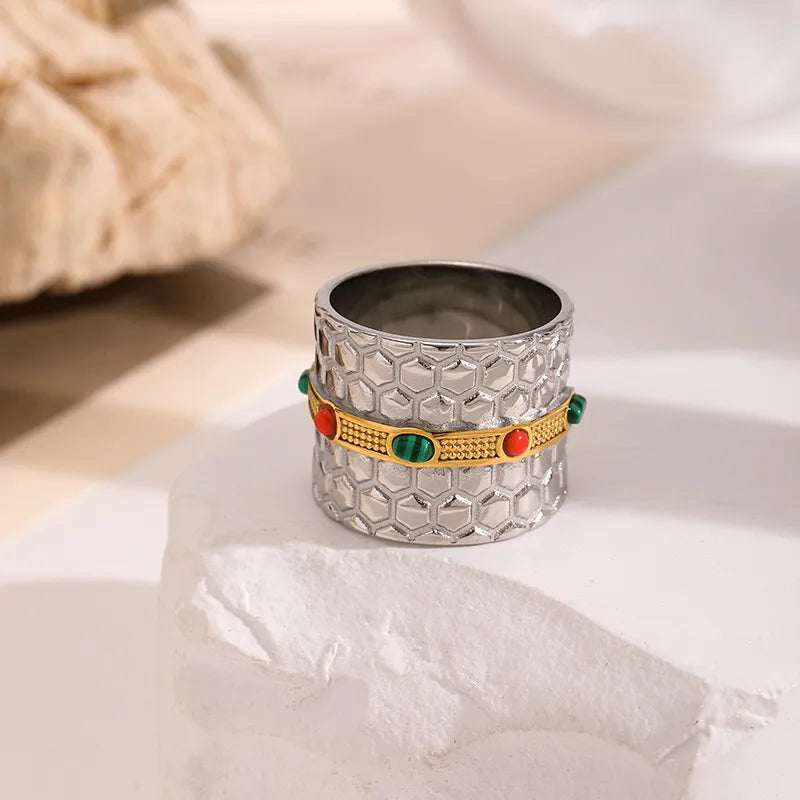 Gold-Plated Titanium Steel Ring with Natural Stone