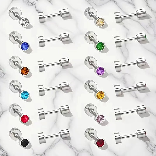 12 Pairs Gold & Silver Zirconia Stud Earrings Set