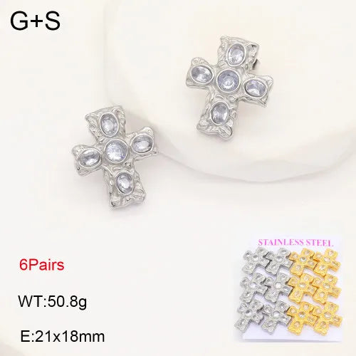 Gold Cross Zircon Earrings – Titanium Steel 21*18mm White Diamond Two colors 6 Pairs Card