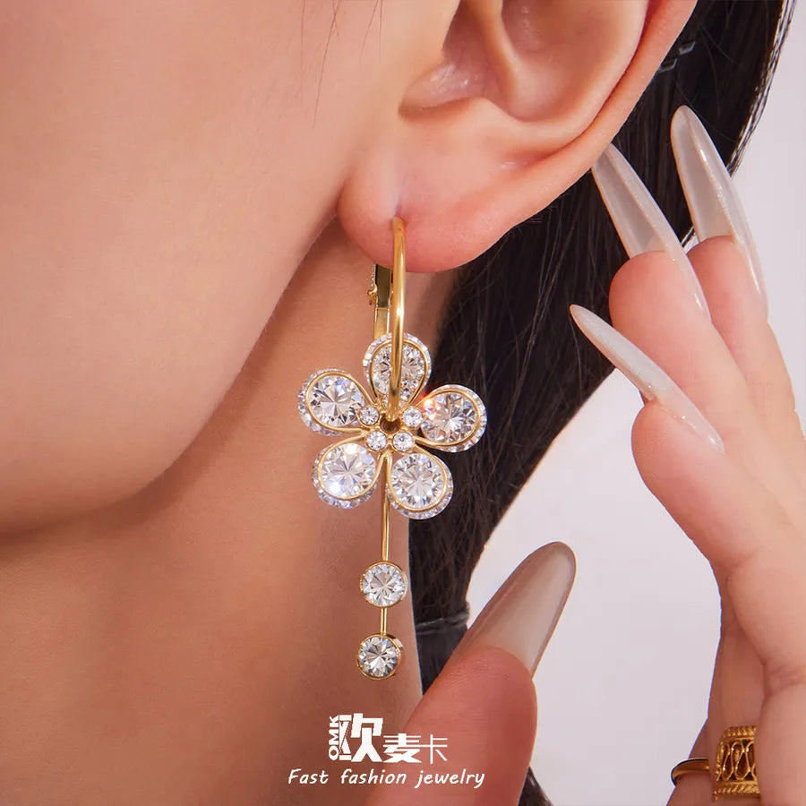 Elegant Zircon Flower Tassel Earrings in 18K Gold
