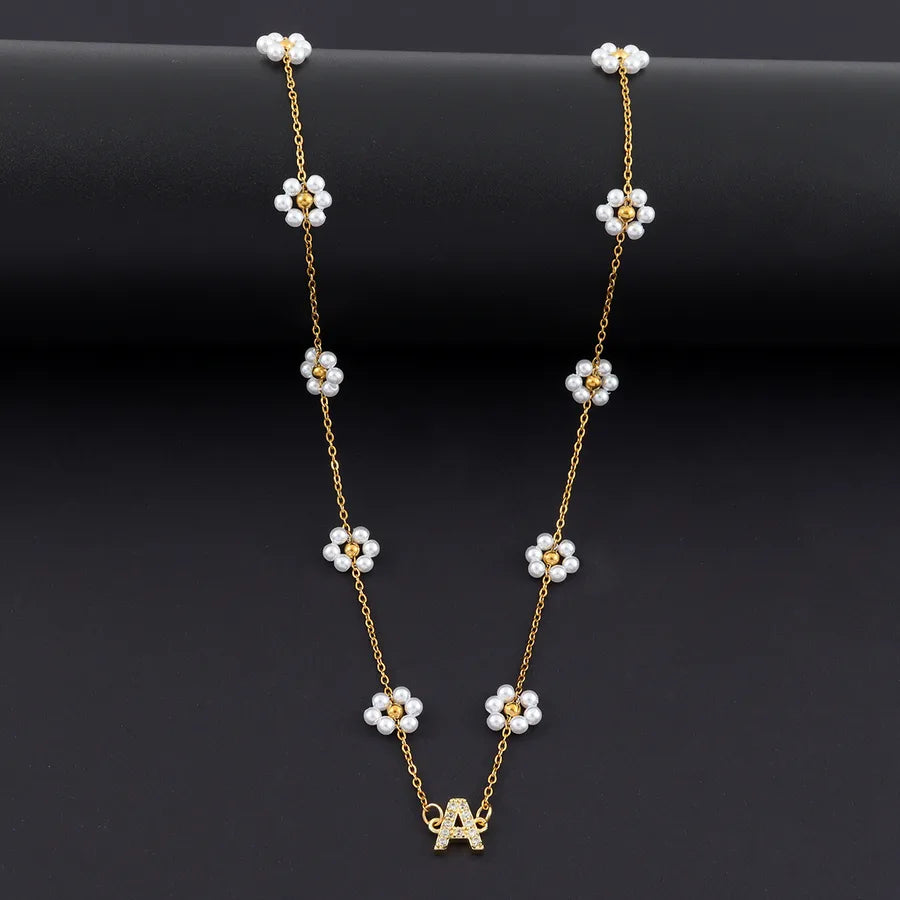 18K Gold Plated Letter Pendant Pearl Necklace