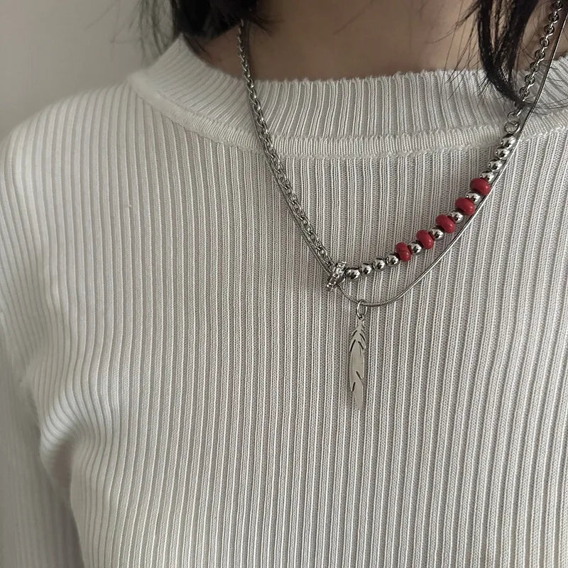 Red Stone Feather Pendant Titanium Necklace