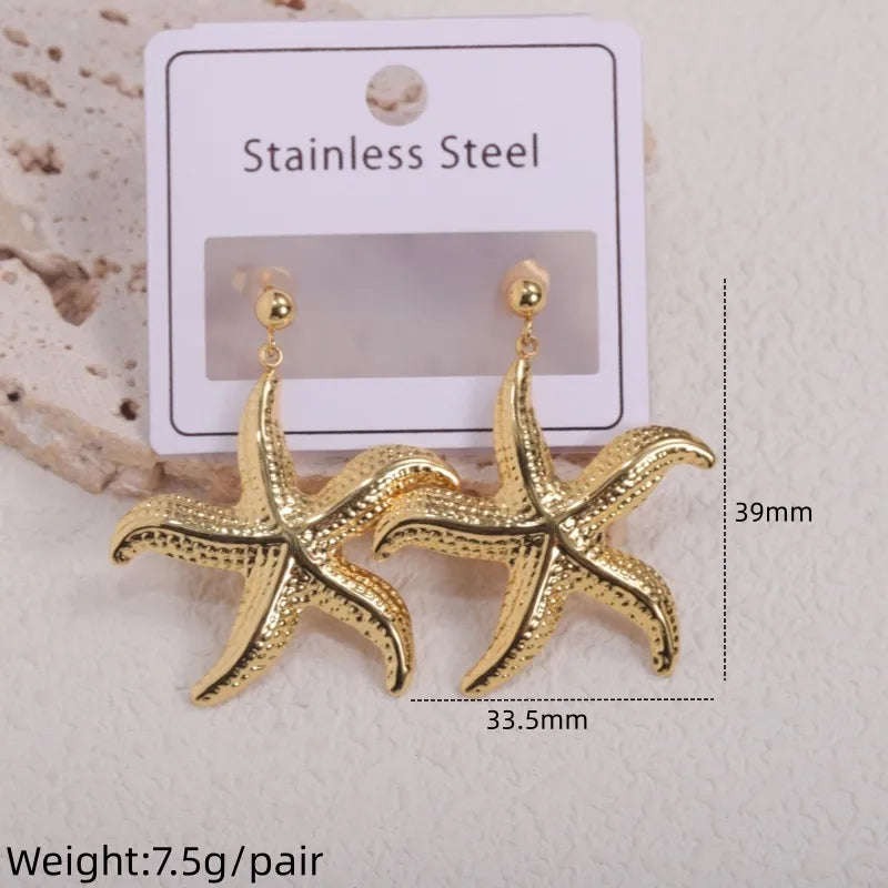 Gold Starfish Shell Drop Earrings Average Size Gold 4#