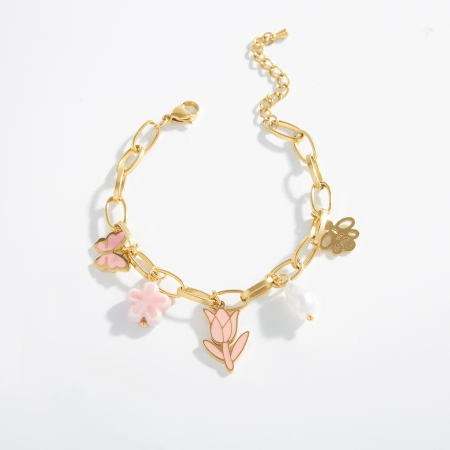 18K Gold Plated Pink Tulip Pearl Bracelet