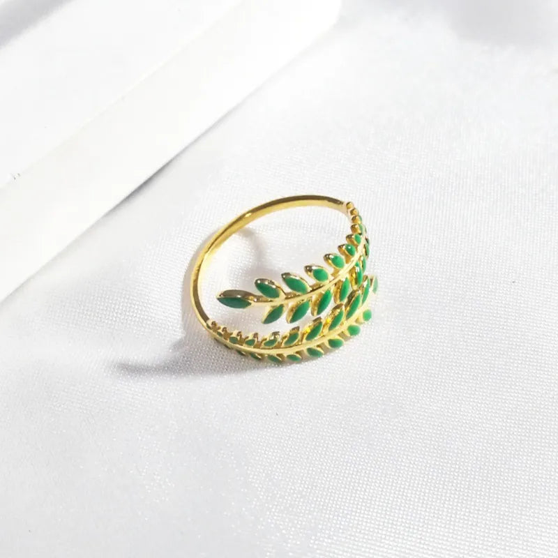 18K Gold Plated Open Wheat Spike Ring Dark Green