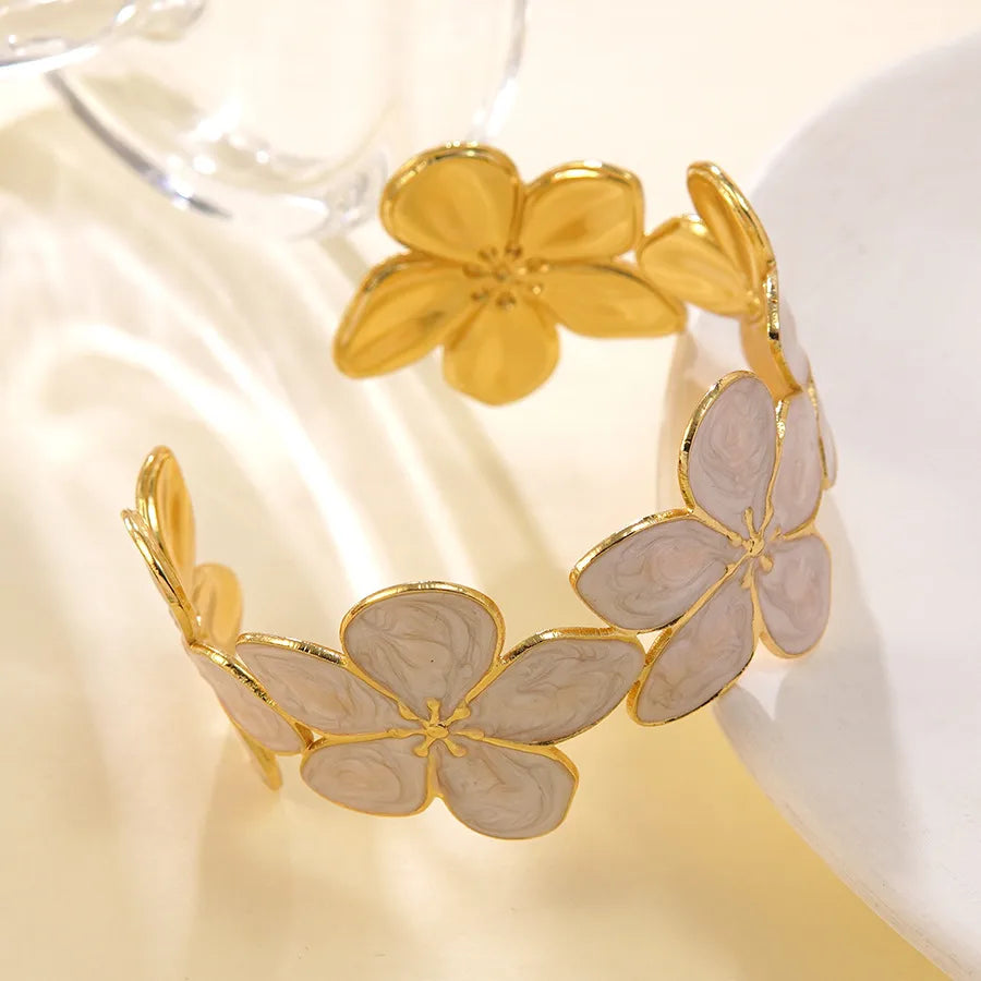 Gold Floral Enamel Stainless Steel Cuff Bracelet White