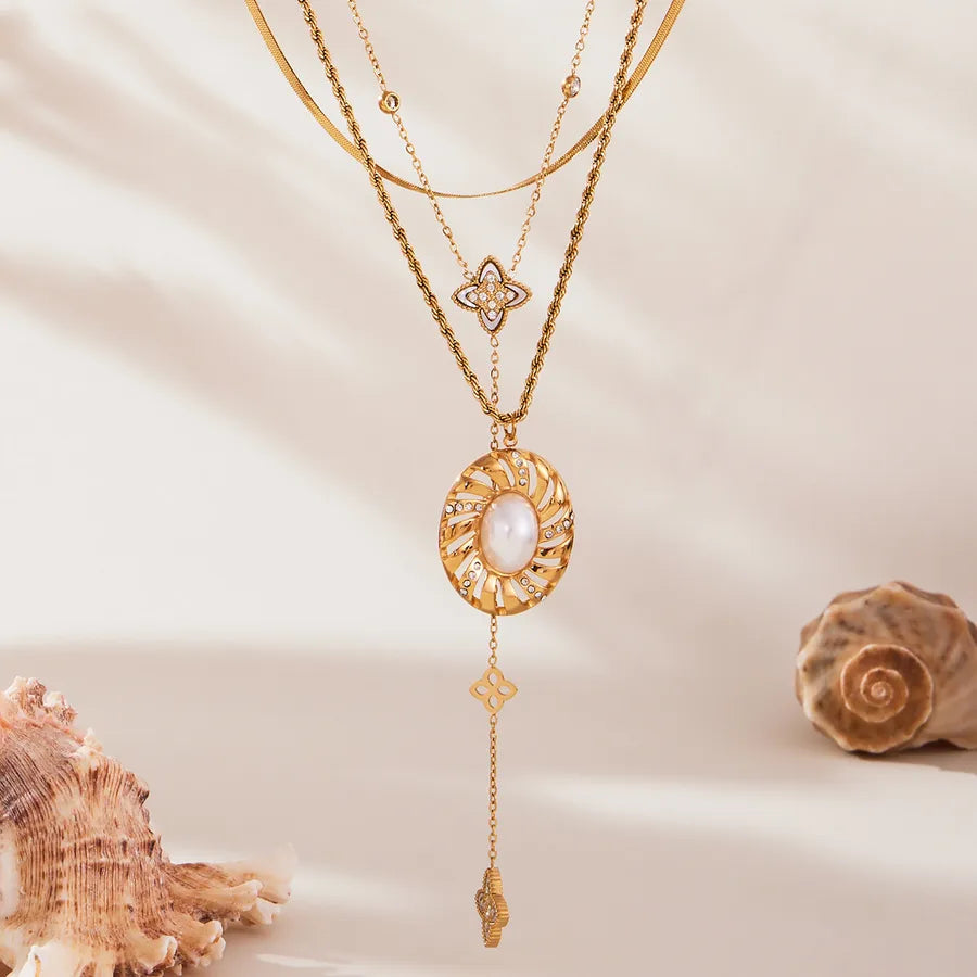Gold Y Necklace with Zircon & Pearl Accents