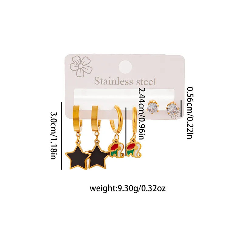 Titanium Steel Heart Earrings for Women Star Elephant Zircon Set 0985