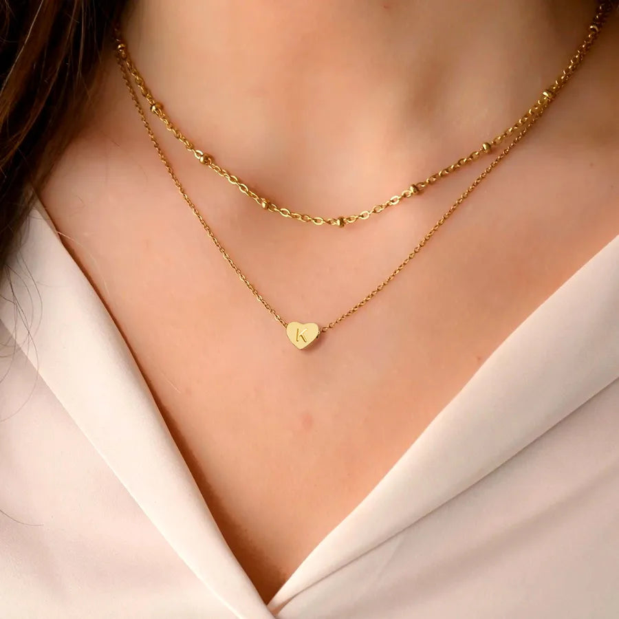 Gold Heart Initial Pendant Layered Necklace Set