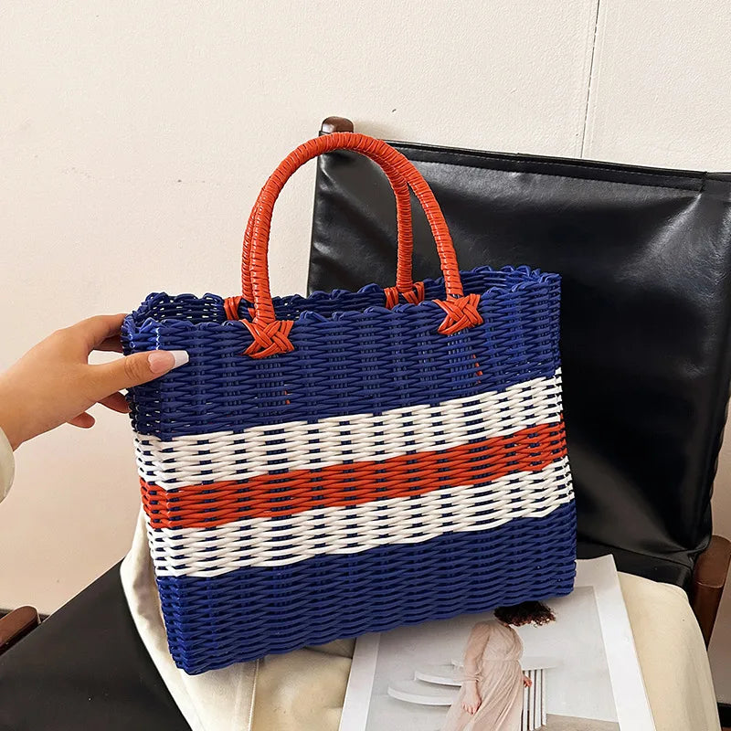 Color Block Straw Beach Tote – Large Bucket Bag
