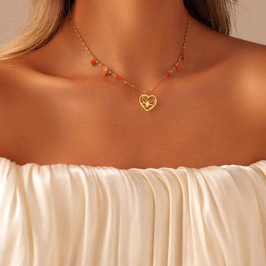 18K Gold Heart & Butterfly Stainless Steel Necklace