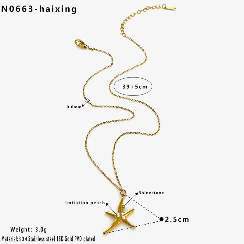 18K Gold Ocean Heart Flower Pendant Necklace Average Size Irregular Starfish Necklace