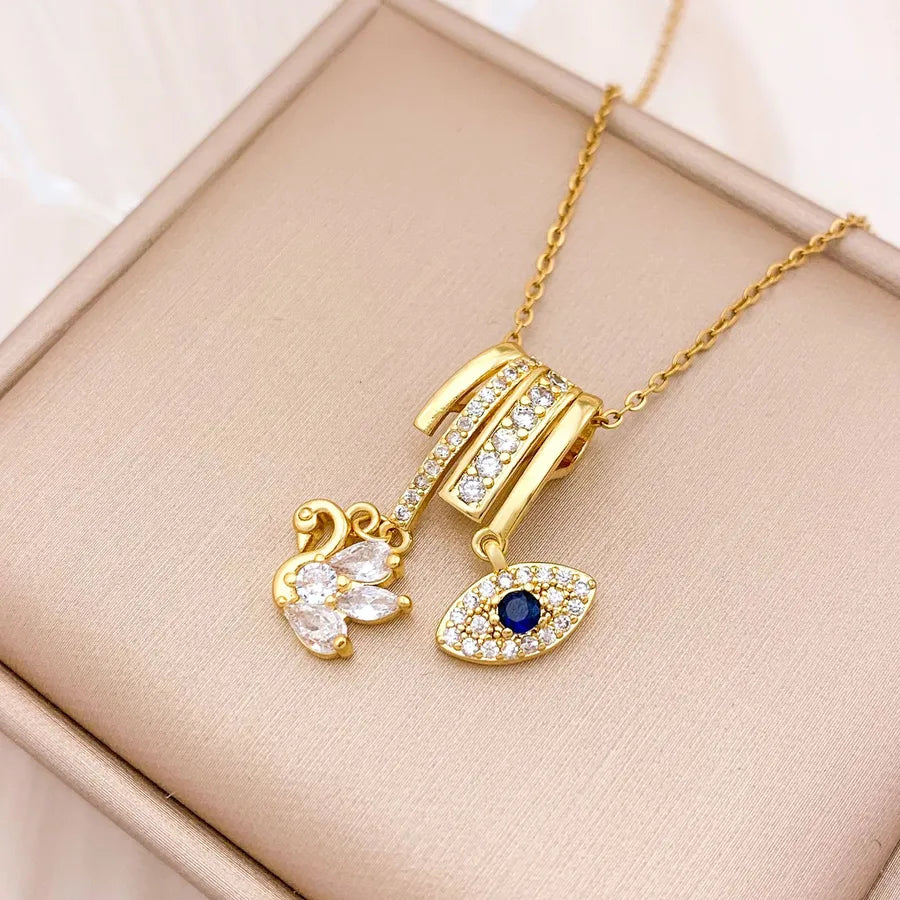 Gold Plated Heart & Eye Zircon Pendant Necklace XL3274 Swan Eye Combination Necklace Gold