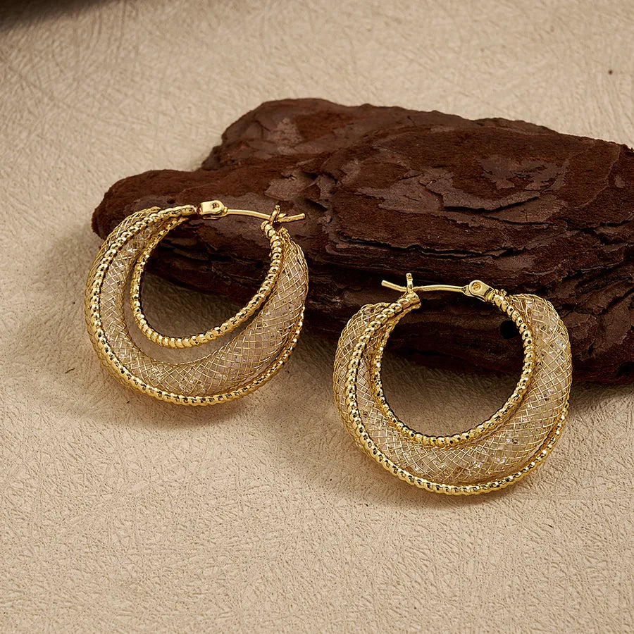 18K Gold PVD C-Shaped Rhinestone Hoop Earrings Needle Thickness: 0.8mm A (28x7mm) 1 Pair Package