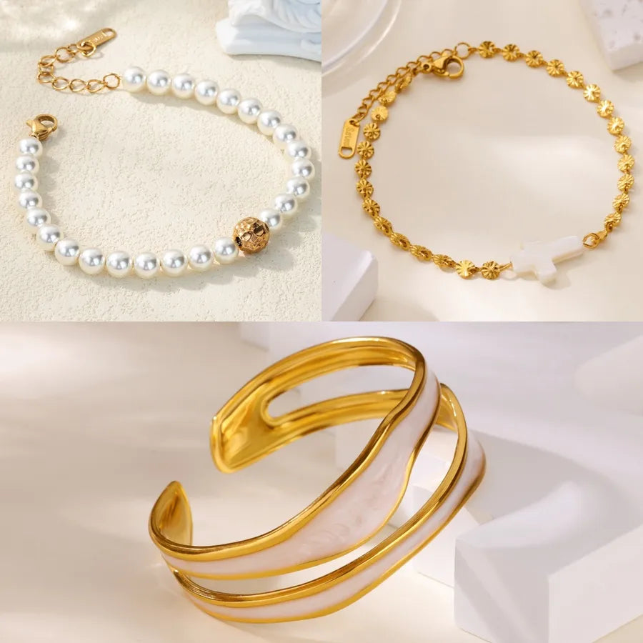 18K Gold Plated Pearl Cross Stainless Steel Bangle