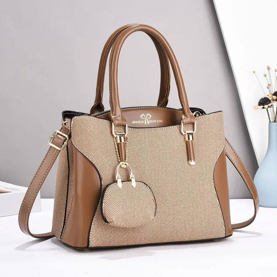 Color Block PU Shoulder Handbag for Women Khaki