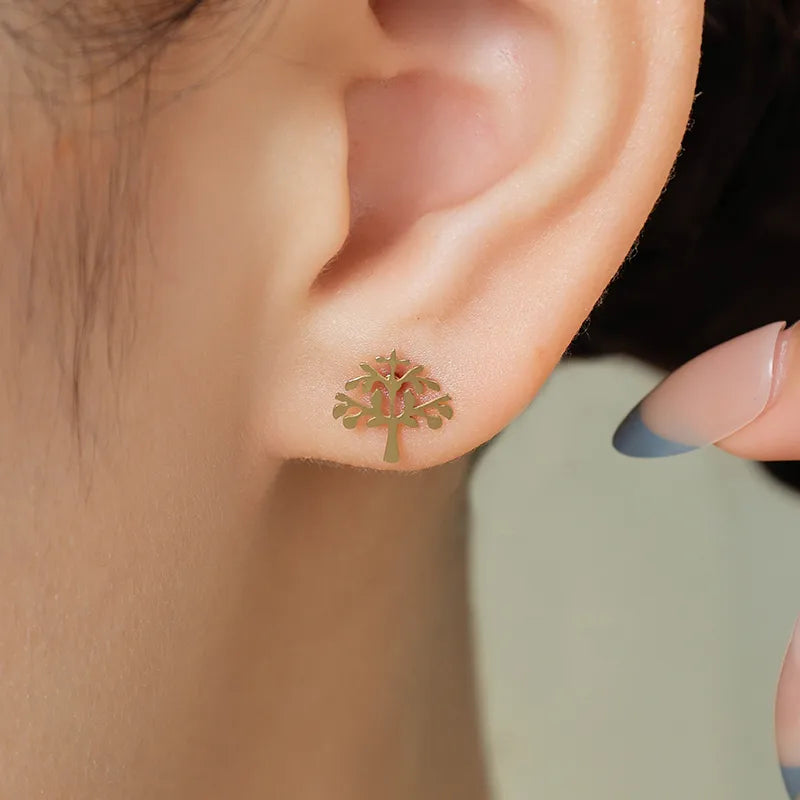 14K Gold Tree of Life Stainless Steel Stud Earrings