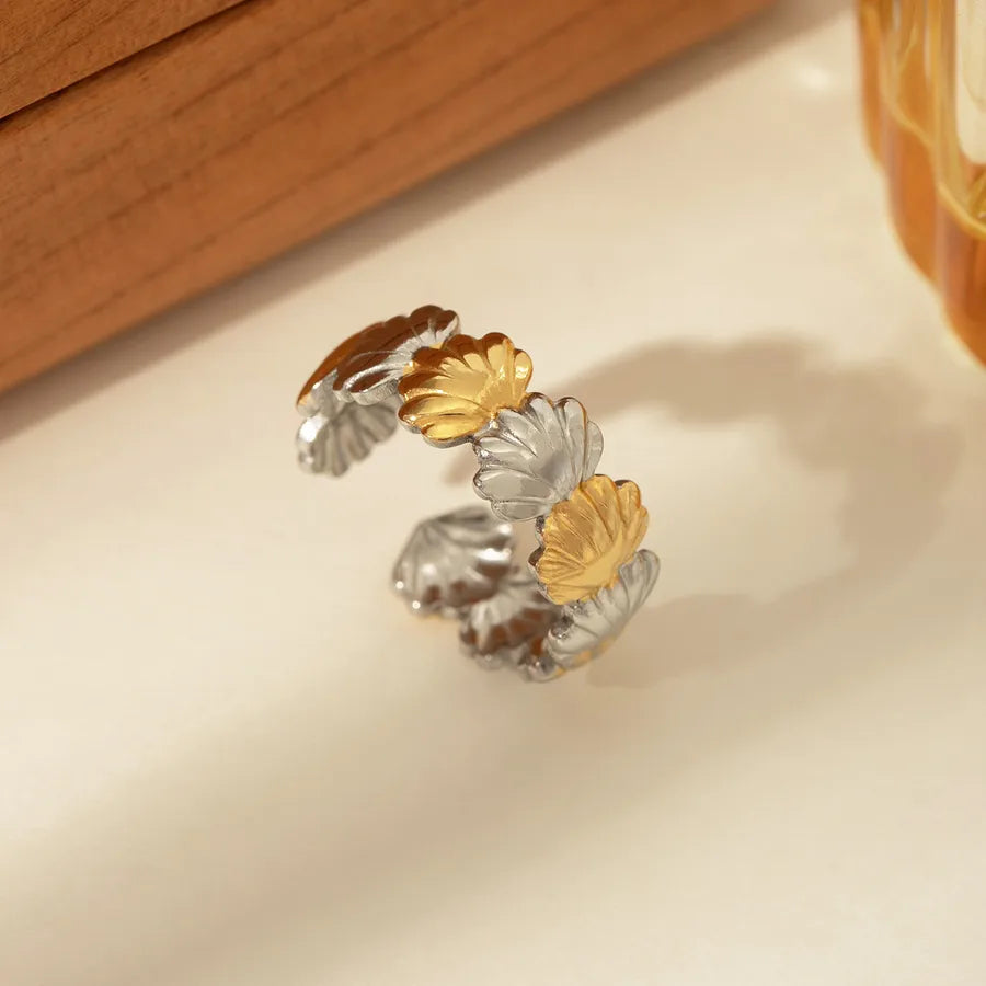 14K Gold Bow Knot Shell Open Ring Adjustable Opening Gold and Silver Two-tone Scallop Open Adjustable Ring