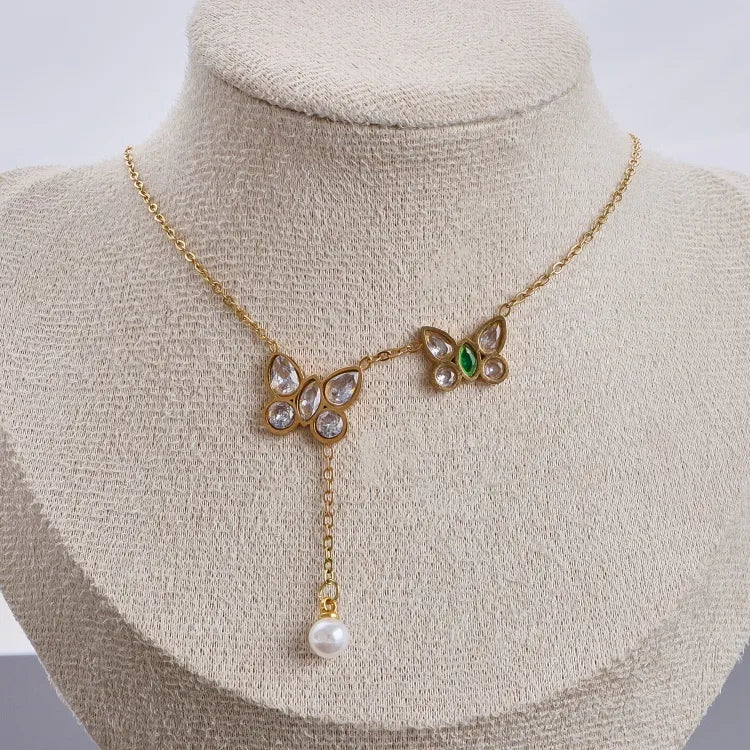 Gold Butterfly & Pearl Charm Pendant Necklace