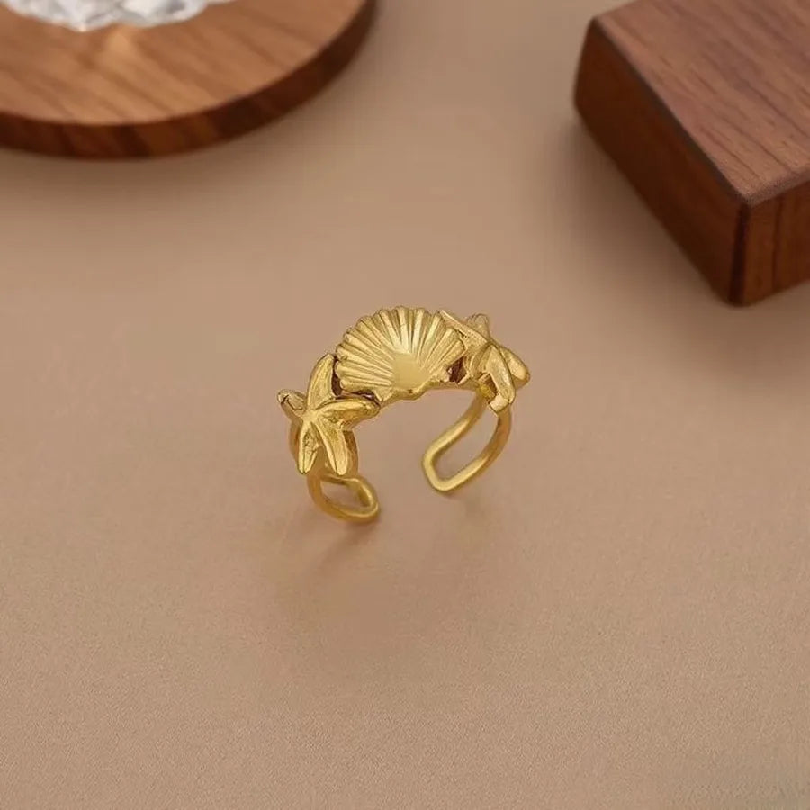 Hollow Seahorse Ring in Stainless Steel Z0195-Two Starfish Shells-Ring Gold