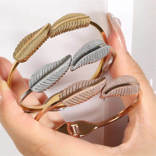 Feather Leaf Open Cuff Bracelet – Stainless Steel