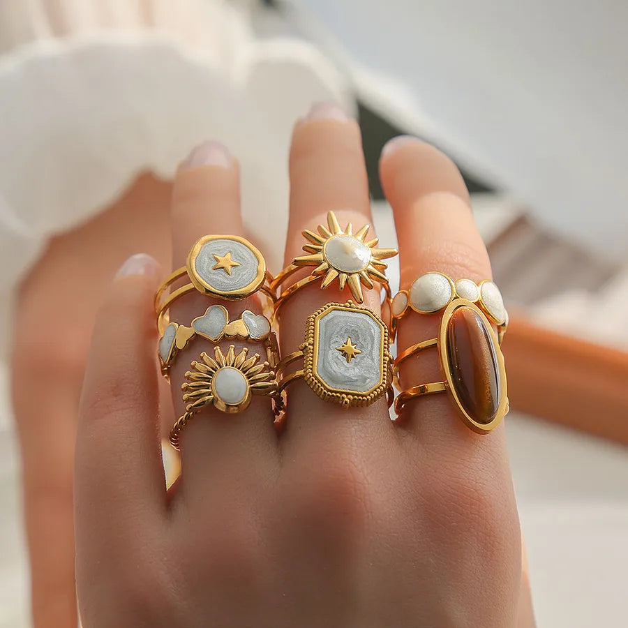 Gold Heart & Flower Titanium Steel Ring Set