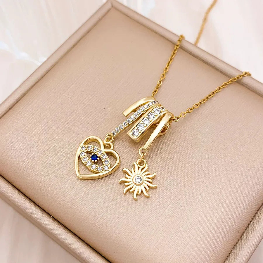 Gold Plated Heart & Eye Zircon Pendant Necklace XL3226 Heart Sun Combination Necklace Gold