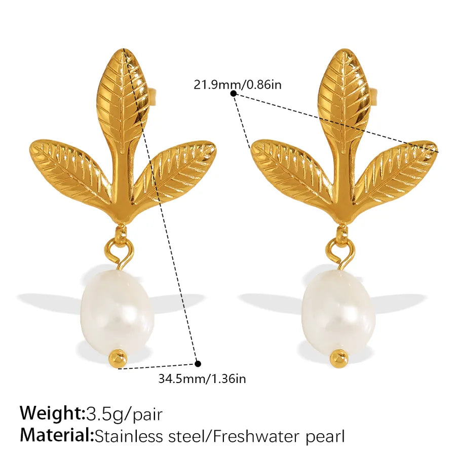 Gold Ginkgo Leaf Stud Earrings for Women Eh856weg Freshwater Pearl Gold Earrings
