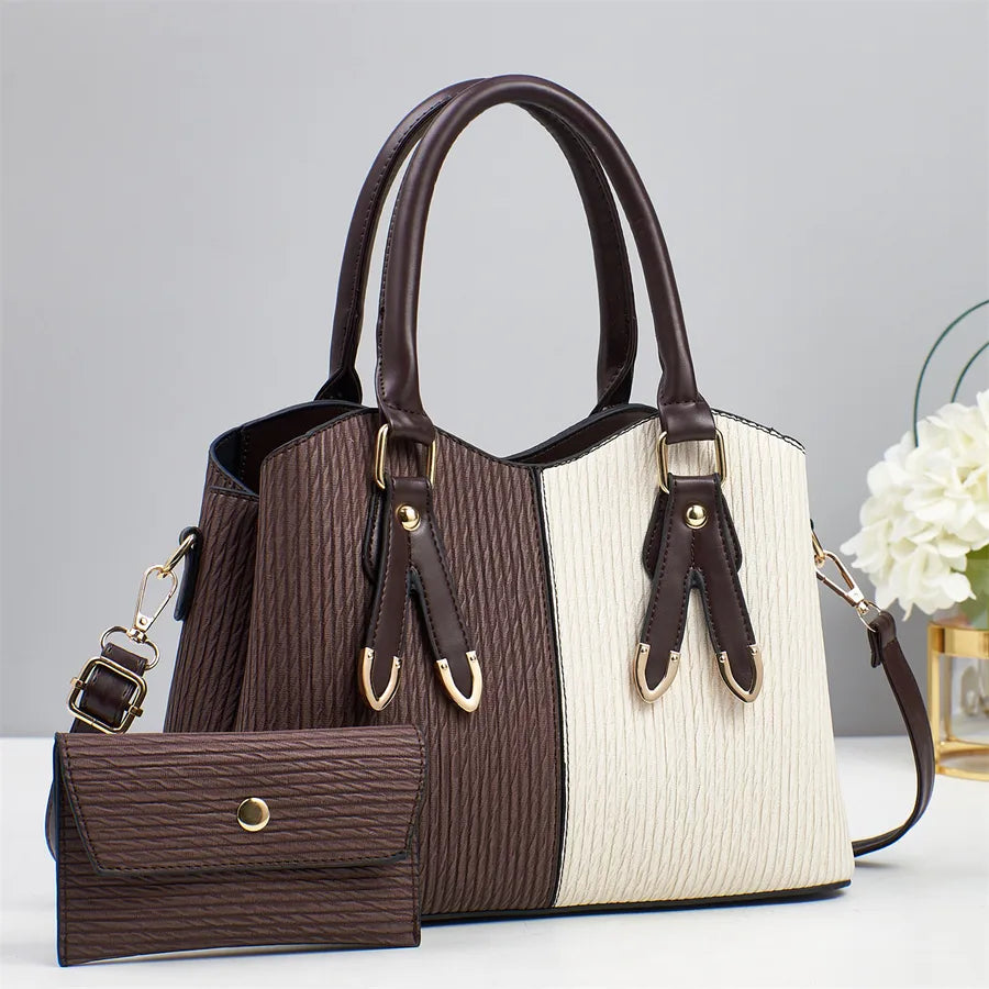 Color Block PU Shoulder Bag for Women Coffee with White