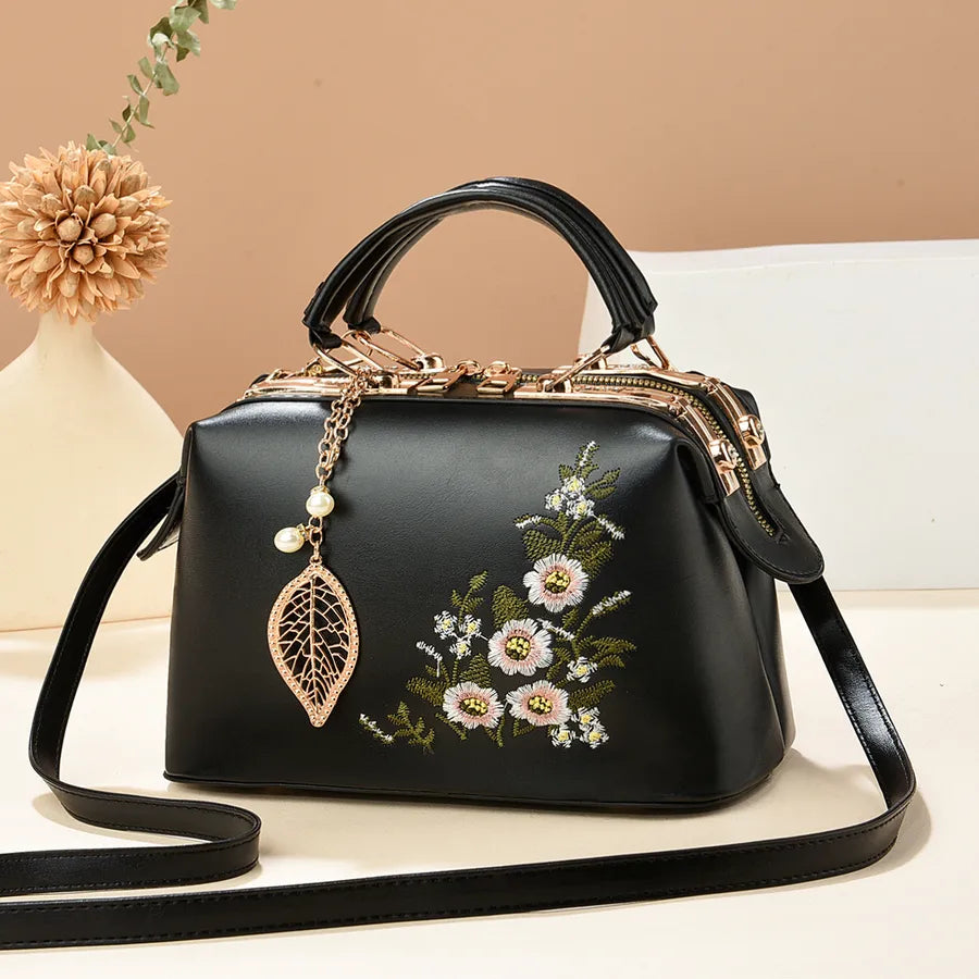 Floral Embroidered Retro PU Leather Shoulder Bag Black 24*12*15CM