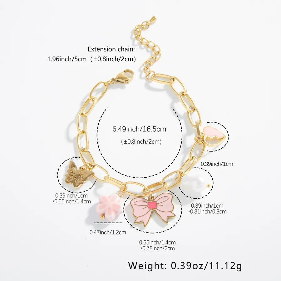 18K Gold Plated Pink Bow & Pearl Charm Bracelet
