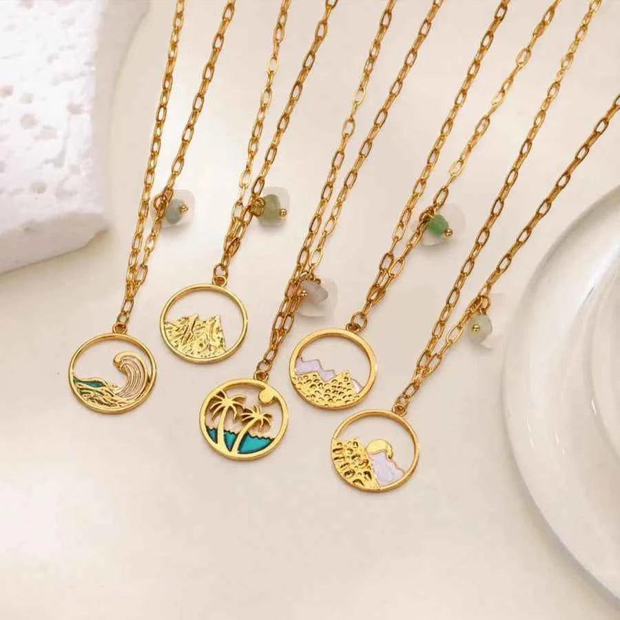 18K Gold Wave & Palm Tree Pendant Necklace