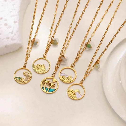 18K Gold Wave & Palm Tree Pendant Necklace